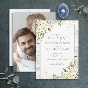 Light Grey White Floral Gold Marble Photo Wedding Kaart