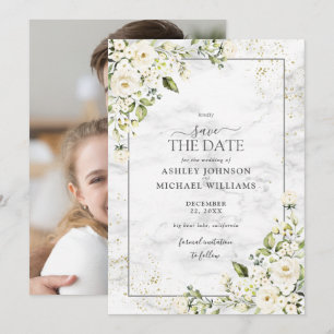 Light Grey White Floral Gold Photo Save the Date