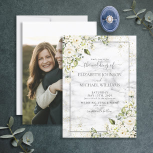 Light Grey White Floral Gold Script Photo Weddensc Kaart