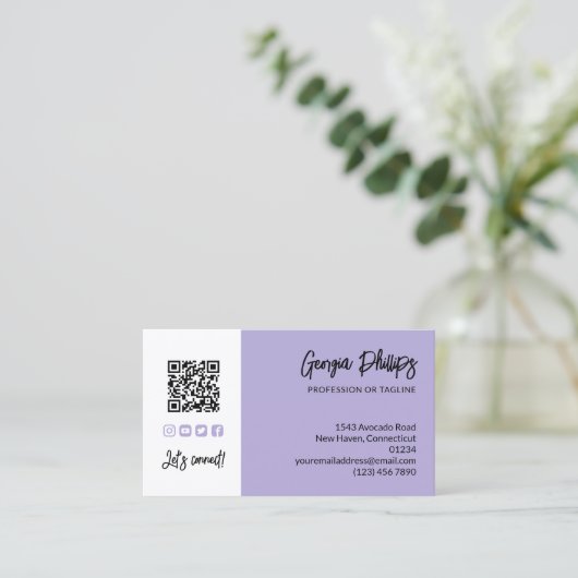 Light Lavender QR Code Photo Social Media Icons Visitekaartje (Staand voorkant)