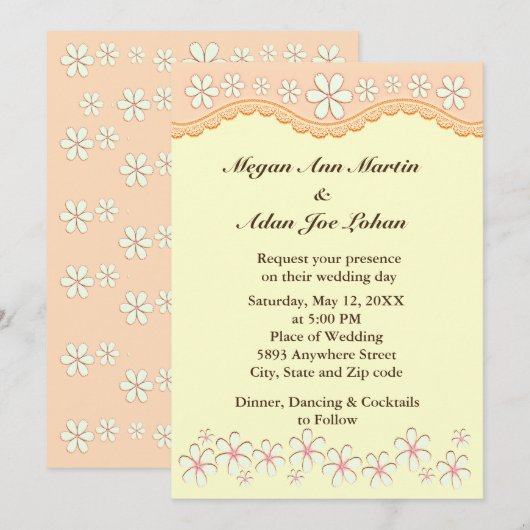 Light Oranje Six Petal Flower Wedding Invitation Kaart (Voorkant / Achterkant)