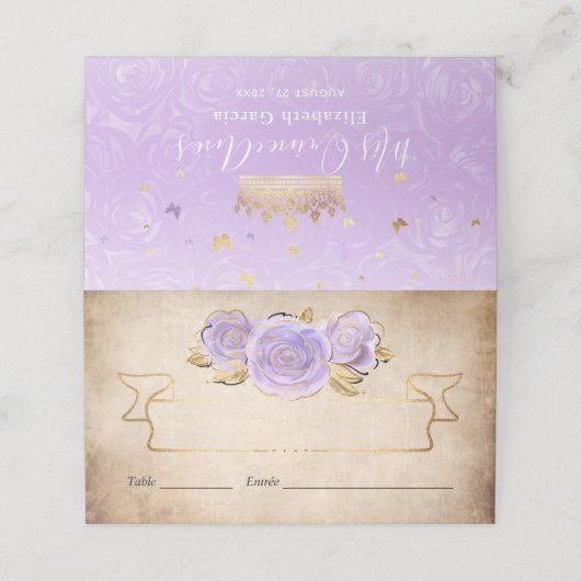 Light Paars and Gold Roos Parchment Folched Table (Buitenkant ongevouwen)