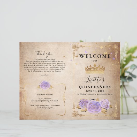 Light Paars Gold Parchment Quinceanera-programma (Staand voorkant)