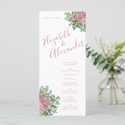 Light Pink Peony & Roos Floral Wedding Programs Menu (Staand voorkant)
