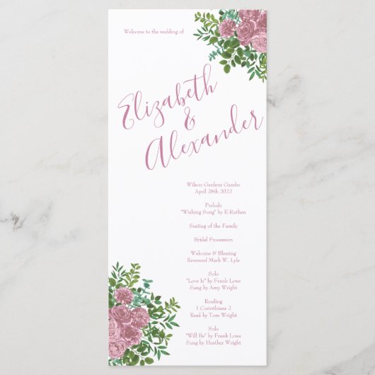 Light Pink Peony & Roos Floral Wedding Programs Menu (Voorkant)
