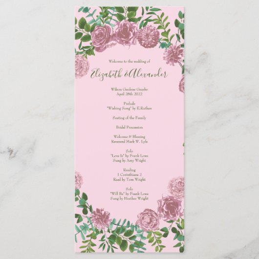 Light Pink Peony & Roos Floral Wedding Programs Menu (Voorkant)