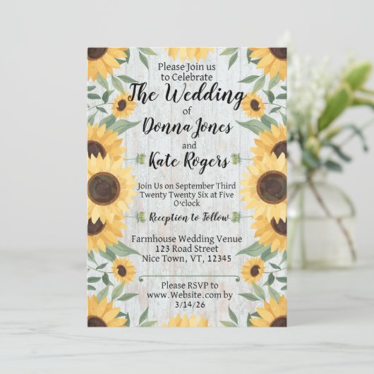 Light Rustic Sunflower Wedding Invitation (Debout devant)