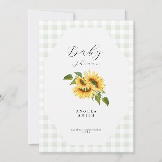 Light Sage Gingham Sunflower Generic Baby shower Kaart (Voorkant)