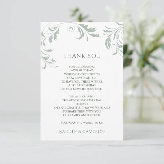 Light Sage Green Wedding Elegant Swirls Bedankkaart (Staand voorkant)