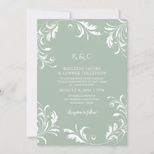 Light Sage Green Wedding  Elegant Swirls Kaart