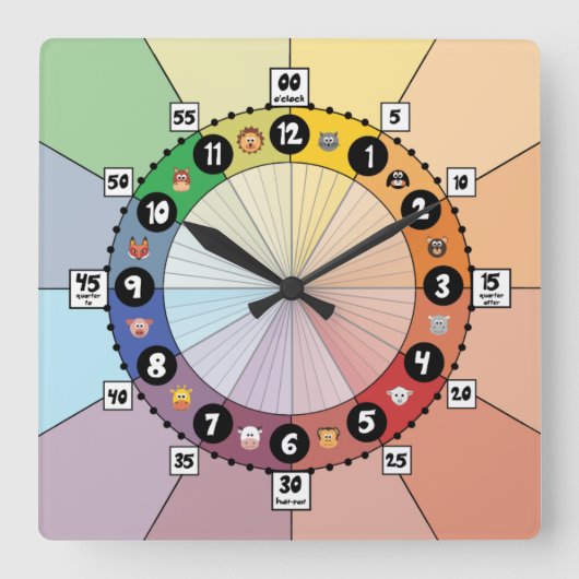 Light School Schedule Clock for Children (Square) Vierkante Klok (Voorkant)