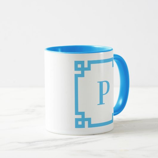 Light Sky Blue Greek Key Border Monogram Mok (Voorkant rechts)