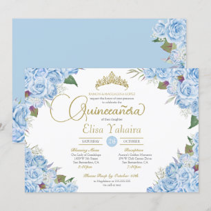 Light Sky Blue Roos Floral Gold Tiara Quinceanera Kaart