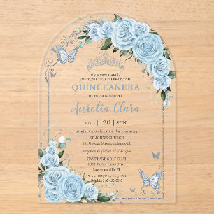 Light Sky Blue Roos Floral Quinceañera Sweet 16 15 Acryl Uitnodigingen