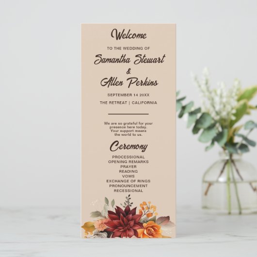 Light Terracotta Fall Floral Wedding Programme (Debout devant)