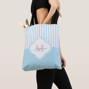 Light Turquoise Colorblock Stripe Monogram Tote Bag