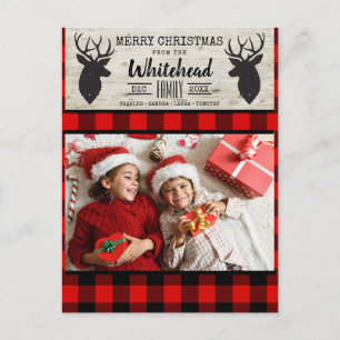Light Wood Deer Red Black Buffalo Plaid Photo Feestdagenkaart