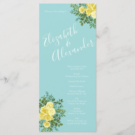 Light Yellow Aqua Blauwgroen Roos Wedding Programs Menu (Voorkant)
