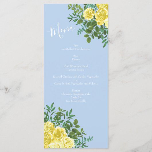 Light Yellow Bleek Blue Roos Floral Wedding Menu (Voorkant)