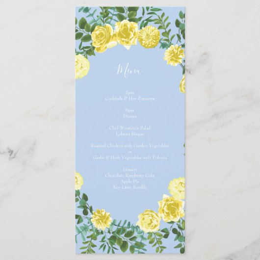 Light Yellow Bleek Blue Roos Floral Wedding Menu (Voorkant)