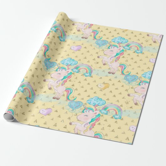 Light Yellow Magical Unicorn Patroon Cadeaupapier (Uitgerold)