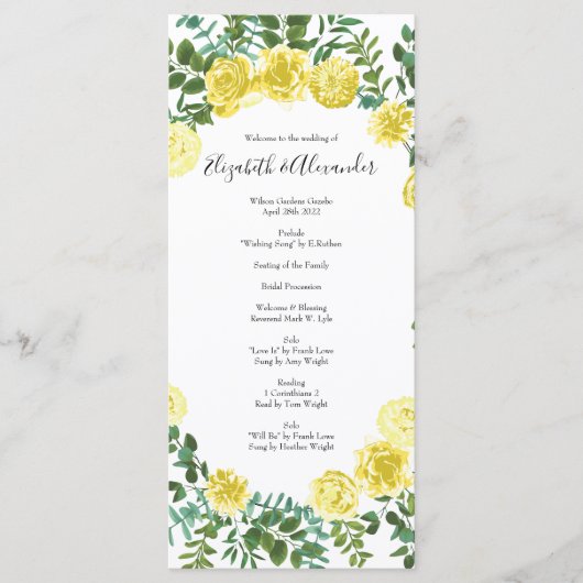 Light Yellow Peony & Roos Floral Wedding Programs Menu (Voorkant)