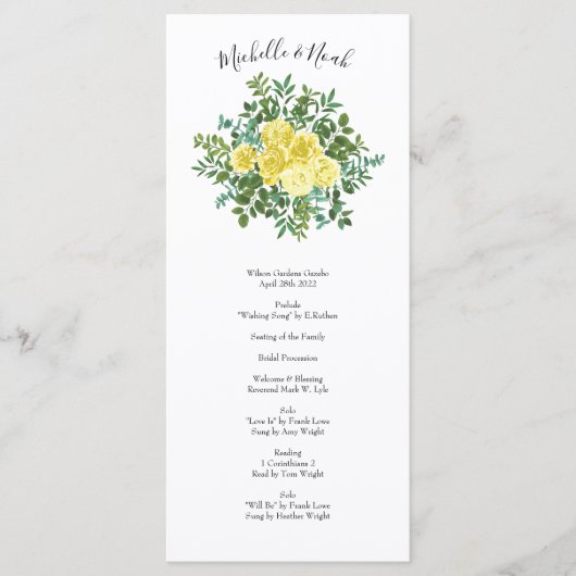 Light Yellow Peony & Roos Floral Wedding Programs Menu (Voorkant)