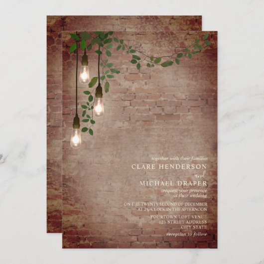 Lightbulb Greenery Garland Brick bruiloft Kaart (Voorkant / Achterkant)