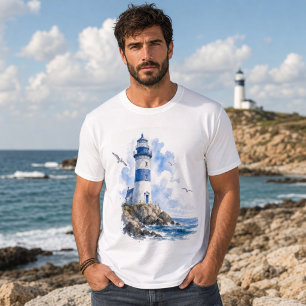 Lighthouse Coastal Blauw en Wit Heren T-shirt