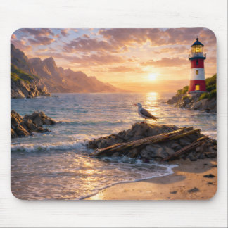 Lighthouse Sunset Seagull Beach Mouse Pad Muismat