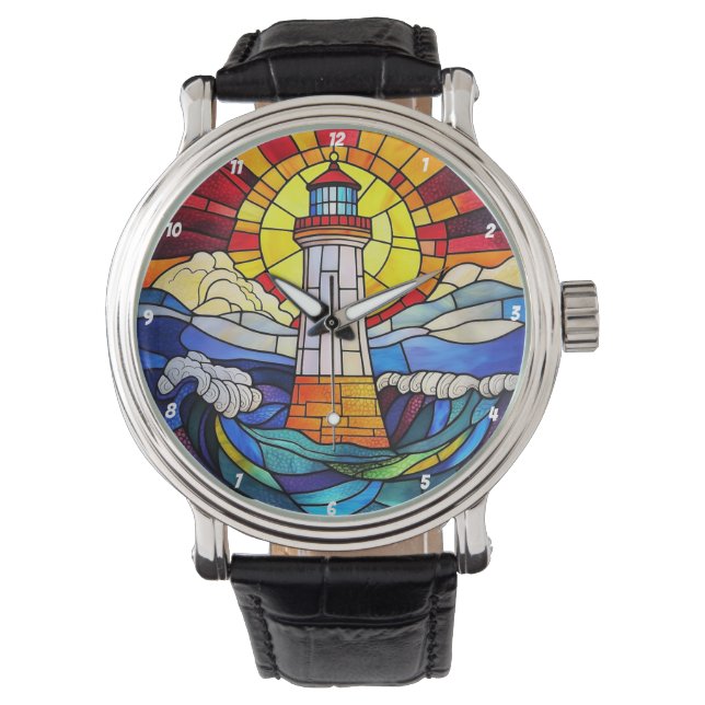 Lighthouse Waves Sunset Stained Glass Horloge (Voorkant)