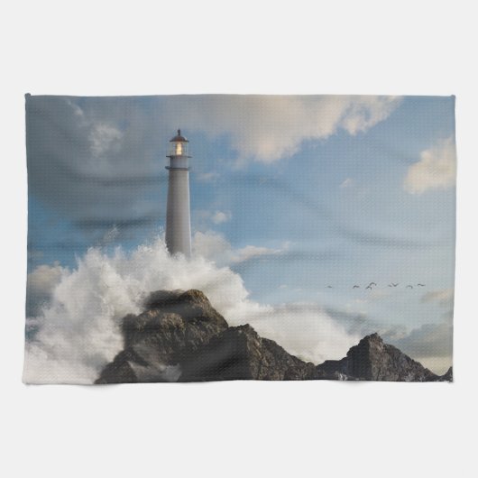 Lighthouses | Lighthouse With Crashing Waves Theedoek (Horizontaal)