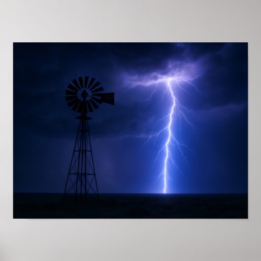 Lightning Strike Windmill Poster - Dramatic Texas  (Devant)