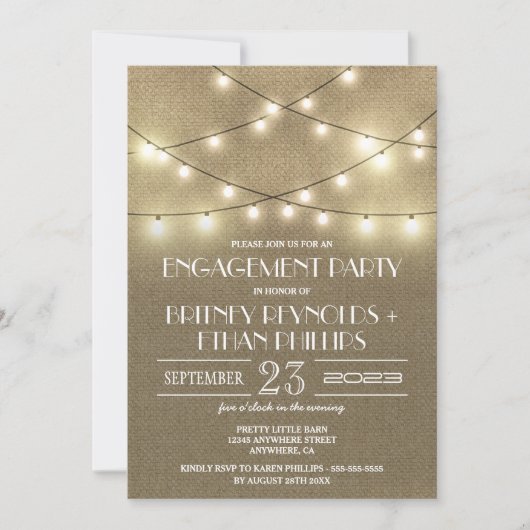 Lights+ Rustic Burlap Engagement Party Uitnodiging (Voorkant)
