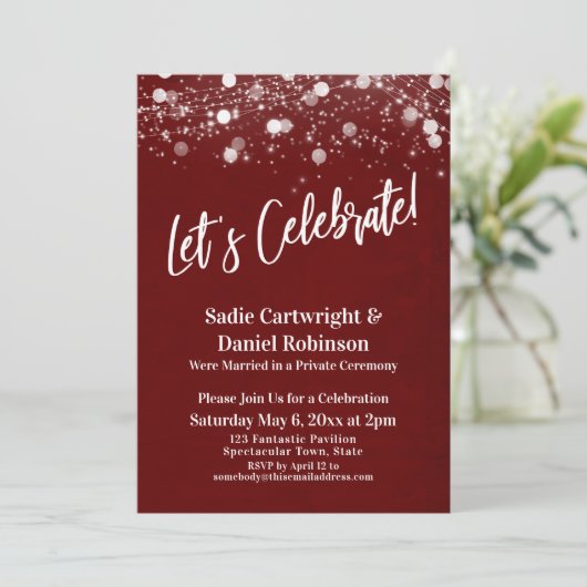 Lights Textured Let's Celebrate Burgundy Reception Kaart (Staand voorkant)