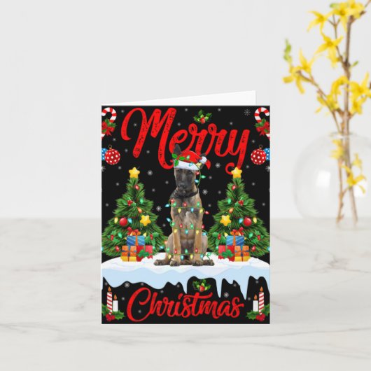 Lights Xmas Tree Santa Belgian Malinois Dog Christ Kaart (Gele Bloem)
