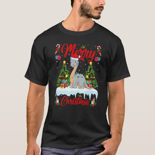 Lights Xmas Tree Santa Diplodocus Dinosaur Christm T-shirt (Voorkant)