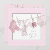 Ligne de linge rose bébé fille douche Invitations (Devant / Derrière)