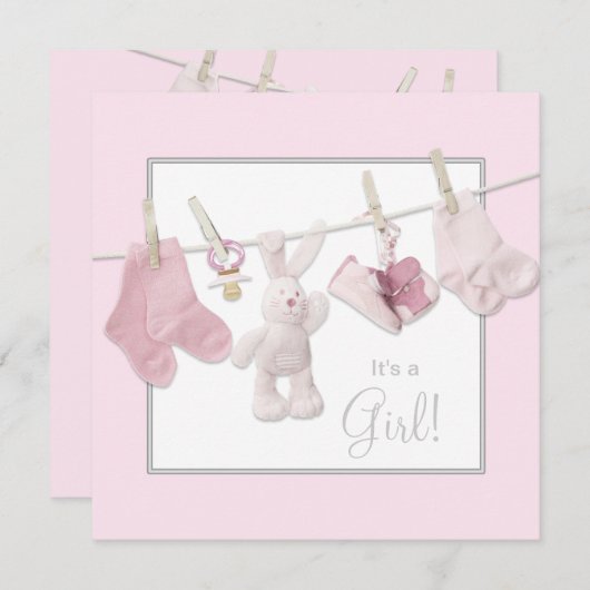 Ligne de linge rose bébé fille douche Invitations (Devant / Derrière)