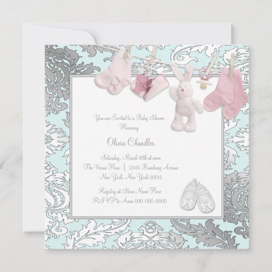 Ligne de linge rose bébé fille douche Invitations (Dos)