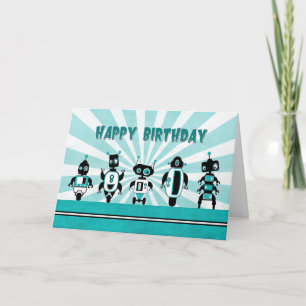 Ligne de robots devant la carte d'anniversaire Sun
