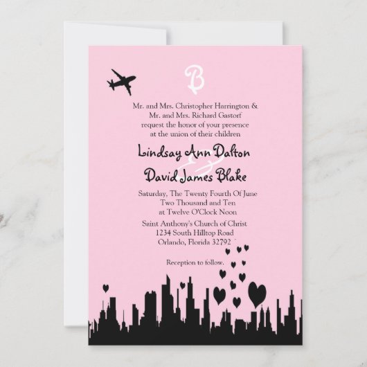 Ligne de ville rose Faire-part de mariage 5x7 (Devant)