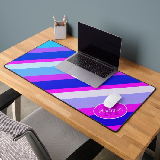 Lignes géométriques rétro bleu rose Monogramme (Bureau 2)