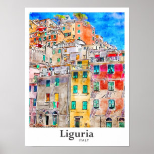 Ligurië Italië Reizen Waterverf Hand getekend Poster