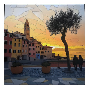 Ligurische Zonsondergang – Poster in Glas-in-Lood Perfect Poster
