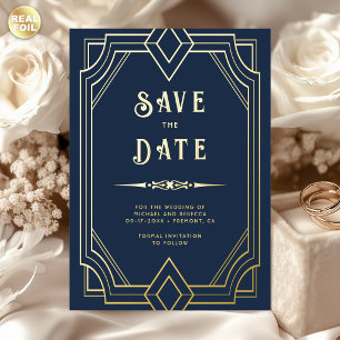 Lijn Art Deco Navyblauw Gouden Trouw Save the Date Folie Uitnodiging