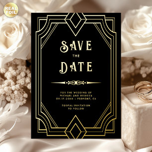 Lijn Art Deco Zwart Gouden Trouw Save the Date Folie Uitnodiging
