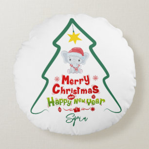 Lijn Boom Kerstmis en Gelukkig Nieuwjaar Olifant Rond Kussen