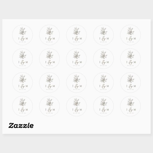 Lijn getrokken Pinecone & eikels Monogram Fall Wed Ronde Sticker (Vel)