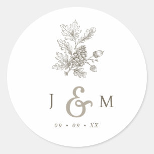 Lijn getrokken Pinecone & eikels Monogram Fall Wed Ronde Sticker